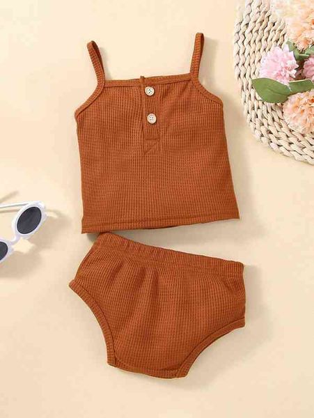 

baby waffle knit half button cami & shorts she, White
