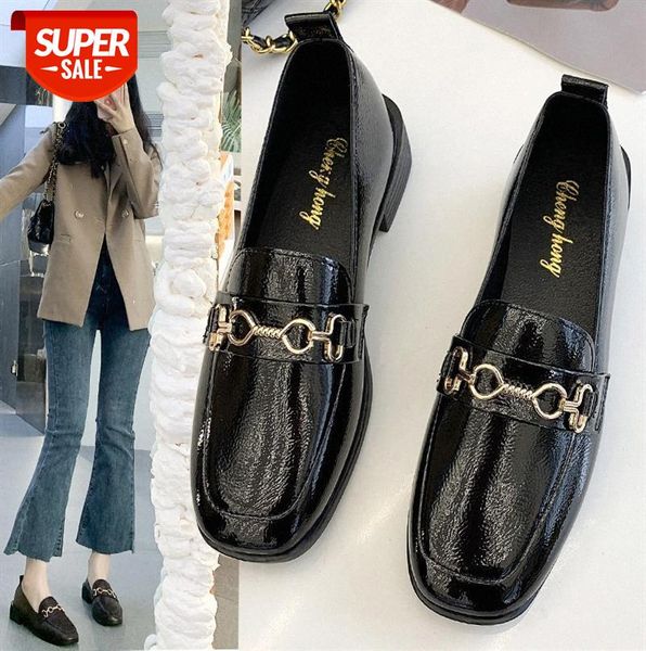 

mid-heel british style small leather shoes women's single thick heel black metal buckle #uk6y