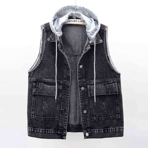 

women's vests korean fashion hooded denim vest women waistcoat big pocket sleeveless jacket coat size loose short black jeans xb21, Black;white