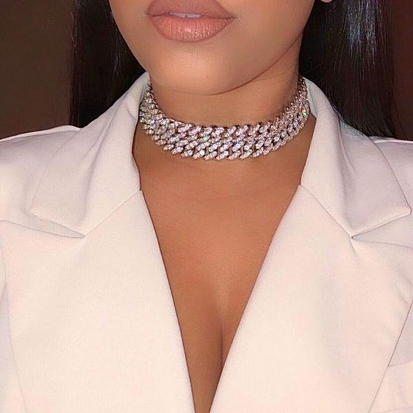 

pendant necklaces blue white cz miami cuban link chain necklace for women charm iced out bling rock punk hip hop jewelry38cm 41cm, Silver