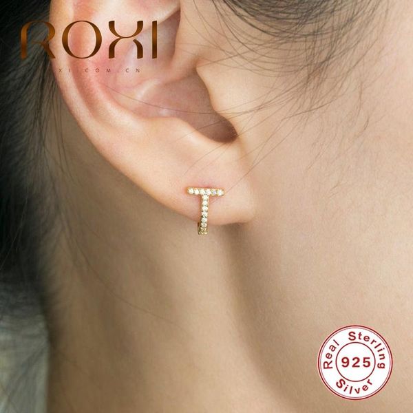 

hoop & huggie roxi t-shaped zircon crystal pendientes earrings for women wedding luxury 925 sterling silver earring kolczyki jewelry, Golden;silver