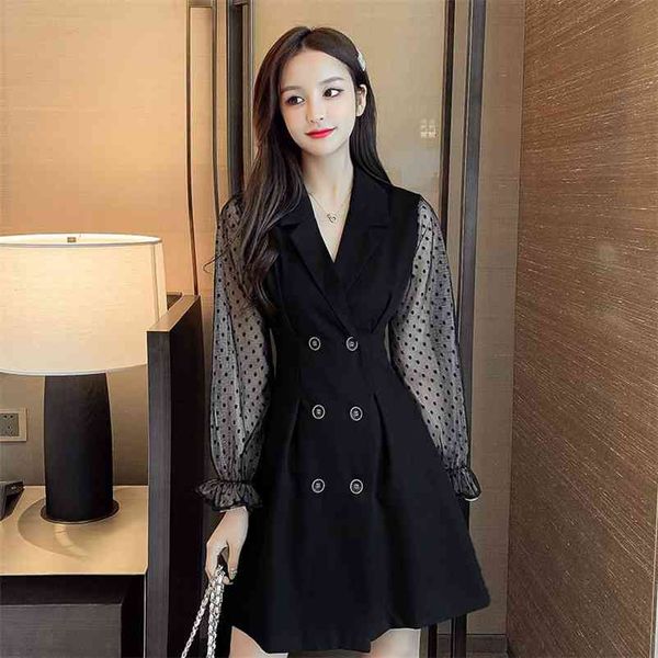 

woman mini dress patchwork blazer office lady long sleeves plus size clothes vestidos korean style mesh black 210517, Black;gray