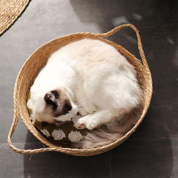 

cat beds & furniture natural straw small medium sofas/beds suit for kitten to breathable litter woven cushion