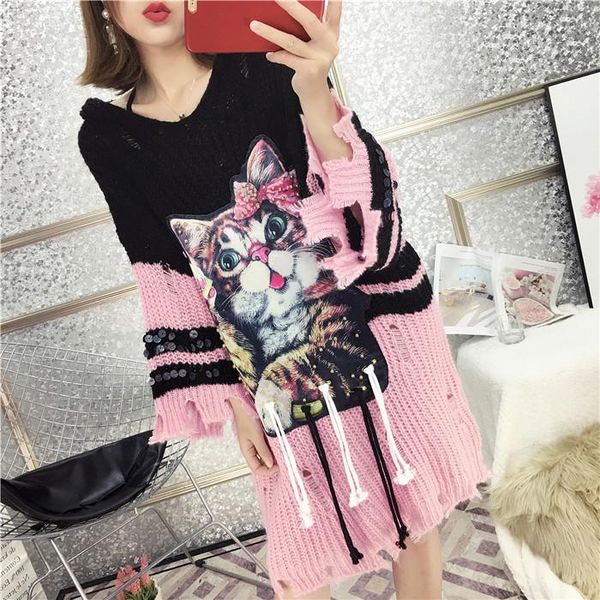 

women's sweaters knitwear oversize sweater women autumn 2021 long cute harajuku dress soft female korean pullovers, White;black