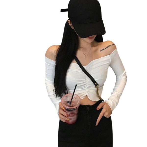 

women's t-shirt off shoulder women summer casual long sleeve pullover slim bodycon fashion basic shirt crop, White
