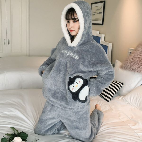 

new 2 pieces women winter pajama sets cute cartoon long sleeve hooded sleepwear fashion ladies warm pyjama suit home clothes, Black;red