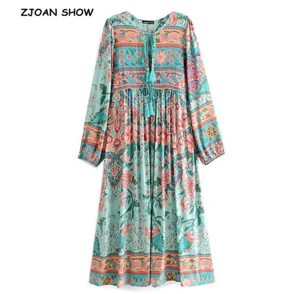 

bohemian lace up v neck location floral print dress turquoise red ethnic woman tassel long sleeve holiday dresses 210429, Black;gray