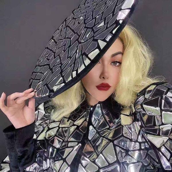 

women's tracksuits style silver mirror jacket short cap birthday celebrate bar outfit set women dancer show evening stage wear, Gray