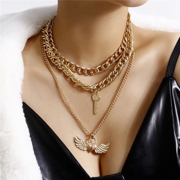 

5pcs/lot multi layer lover heart lock pendant necklaces alloy key wings thick thin clavicle chain for ladies valentine's day gift neckl, Silver