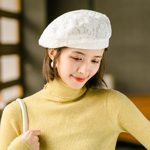 

berets autumn and winter hat women's lace mesh beret ladies net celebrity wild literary painter dicer retro, Blue;gray