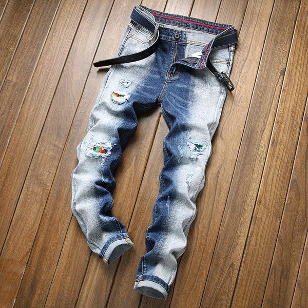 

men's jeans high street fashion stretch ripped hombre patchwork two tone cowboy trousers individuality casual washed denim pants, Blue