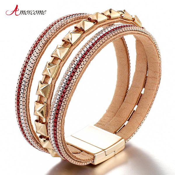 

tennis amorcome rivet leather bracelets for women fashion 2021 multilayer wrap & bangles charms jewelry femme accessories, Golden;silver