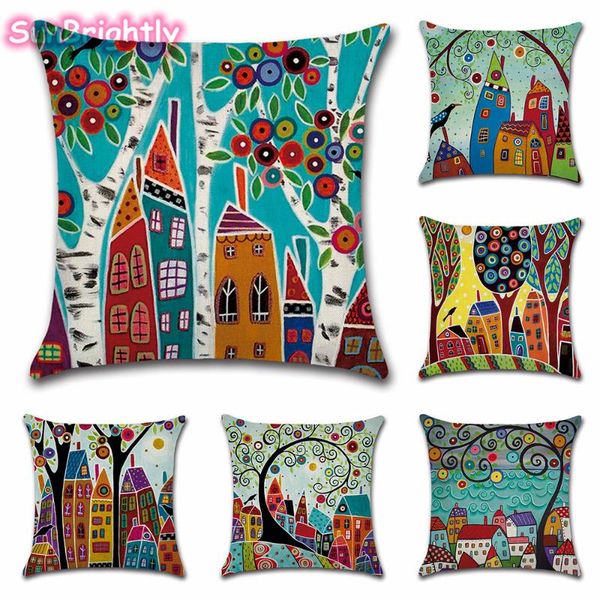 

cushion/decorative pillow 4 pcs retro rural color cities cushion cover for sofa home car decor colorful cartoon house case tree short plush