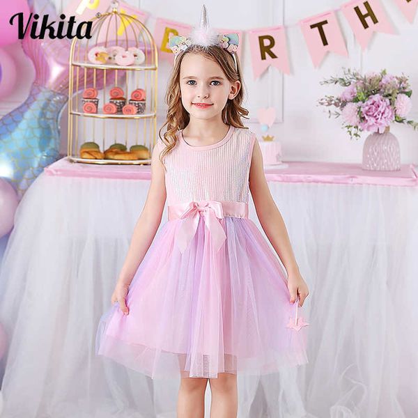 VIKITA Mädchen Ärmelloses Sommerkleid Kinder Casual Vestidos Kleinkinder Kinder Geburtstag Party Schule Kleidung Mädchen Pailletten Kleider Q0716