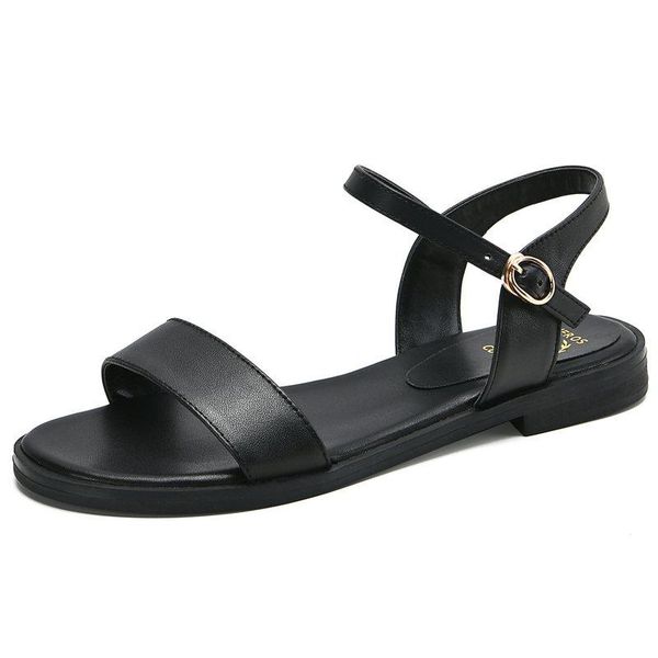 

genuine leather shoes woman buckle flat sandals solid color casual summer women footwear plus size 34-43, Black