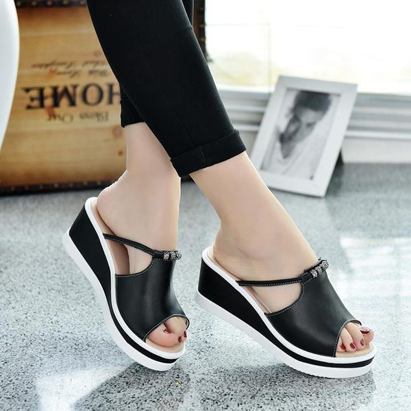 

fashion women shoes summer style women's sandals platform with high heel and wedge pu leather, Black