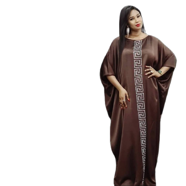 

ethnic clothing 2021 temperament commuter africa abaya dubai loose high round neck diamond dress ladies brown, Red
