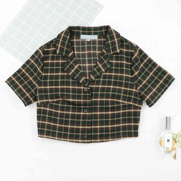 

za women streetwear turn down blouse women fashion center buttons crop tartan cropped fitted blouse harajuku ropa mujer 210510, White