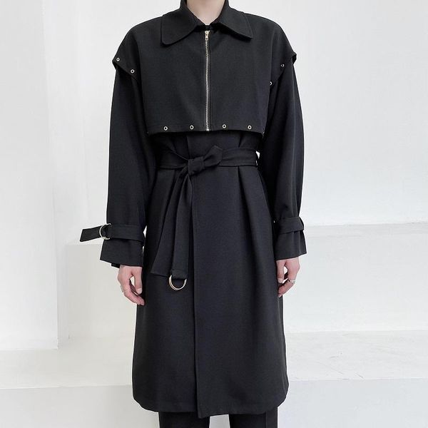 

men's trench coats black zipper rivets long jacket men japanese harajuku korean streetwear trenchcoat man fashion windbreaker cardigan, Tan;black