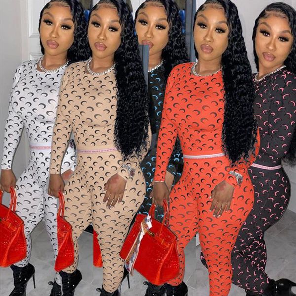 

women sporty fitness tracksuit moon letter print long sleeve bandage and skinny legging pant matching sets club outfit women's tracksu, Gray