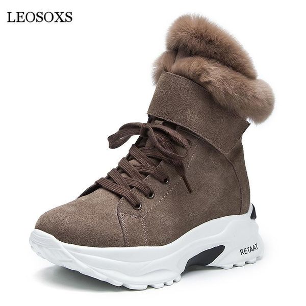 

boots leosoxs genuine leather women short plush winter warm female ankle platform snow plus size woman cotton shoes, Black
