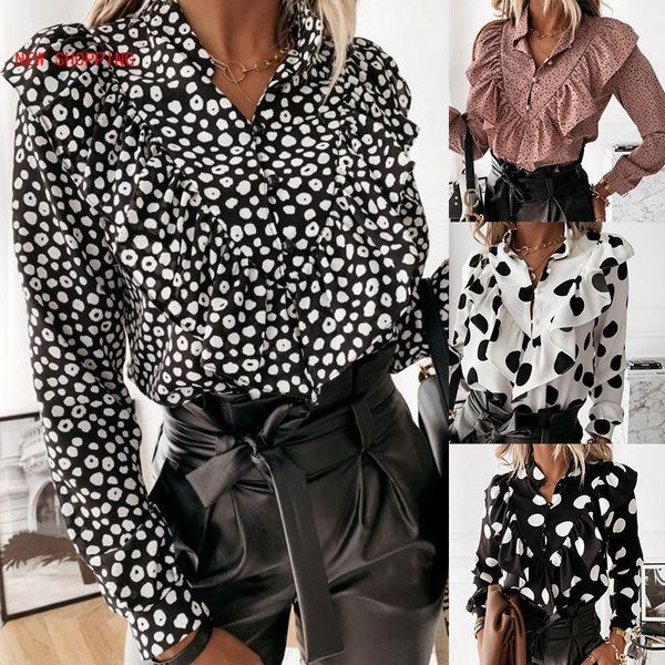 

women's blouses & shirts casual leopard dot print ruffle blouse shirt autumn winter long sleeve women v-neck button blusa elegant offi, White