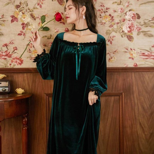 

women's sleepwear green velvet nightdress princess night dress woman long dresses 2021 winter clothing female phoentin fg262, Black;red