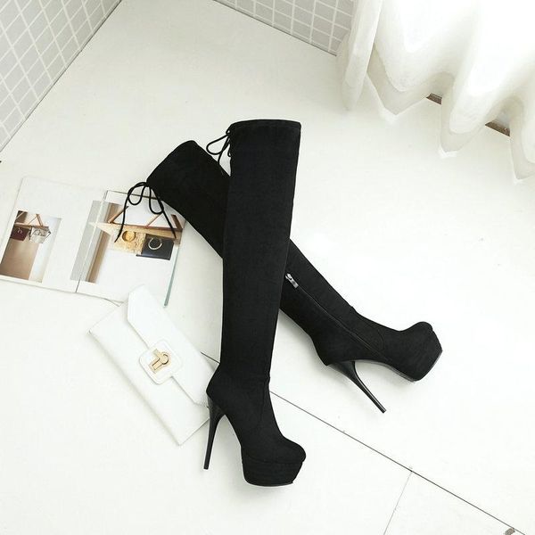 

boots 2021 women's over-the-knee thi high heel round toe flock leather black red gray classic size 33-43
