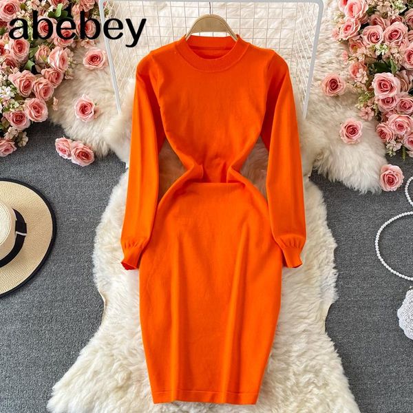 

casual dresses 2021 spring autumn temperament o-neck long sleeve knitted dress high waist elastic solid color mid-length wrap, Black;gray
