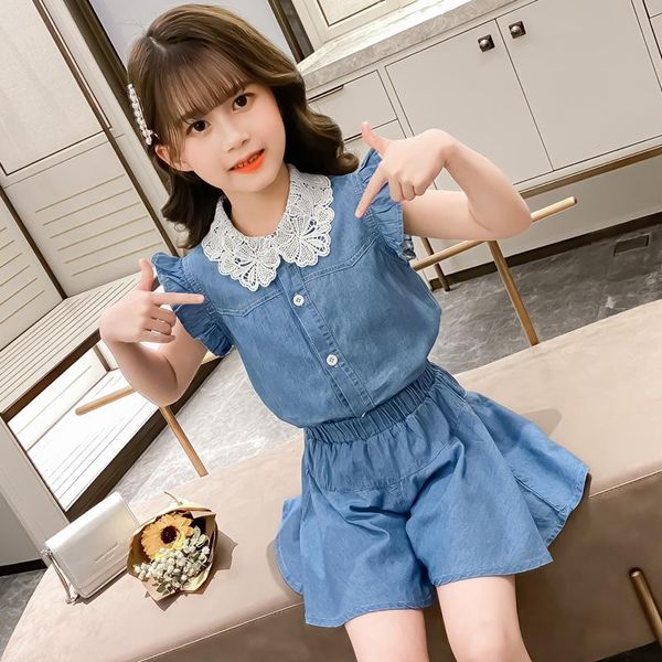 

clothing sets girls clothes summer children lace collar shirts + short pants suits denim teen girl outfits kids set 4 6 10 12 yrs, White