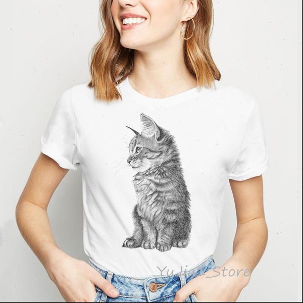 

black women and white cat drawing shirts femme animal print vintage t shirt kitten lover camisas mujer streetwear