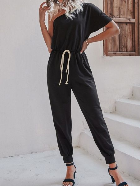 

one shoulder dolman sleeve tie front jumpsuit o0rk#, White