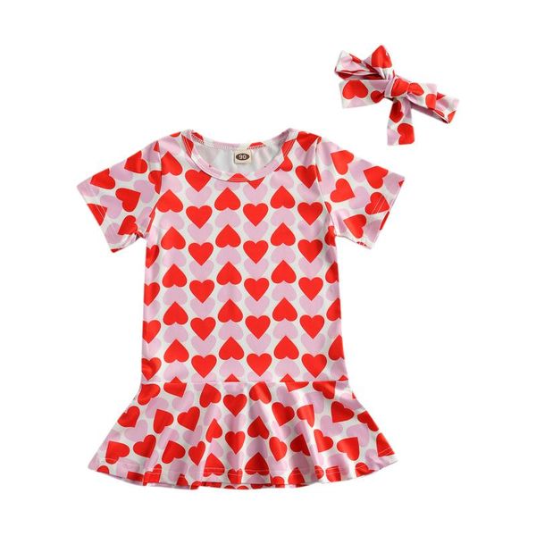 

girl's dresses valentine's day baby girls 2-piece outfit set short sleeve heart print dress+headband, Red;yellow