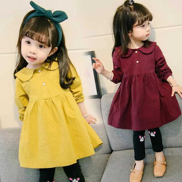 

baby girl dress pure cotton peter pan collar kawaii shirtdress children autumn long sleeve korean frocks 1-5 years old g1026, Red;yellow