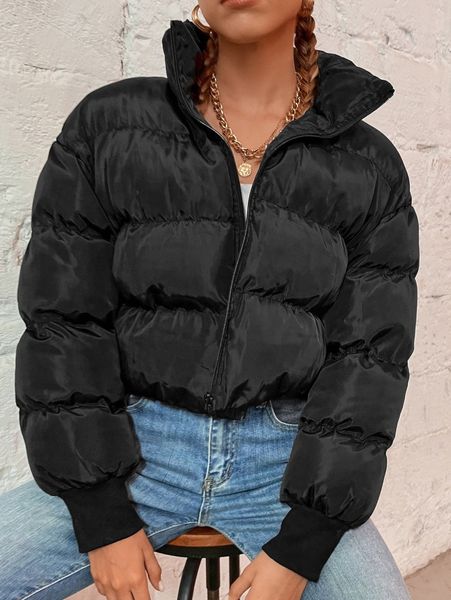 

solid zip-up funnel neck puffer coat n14n#, Black