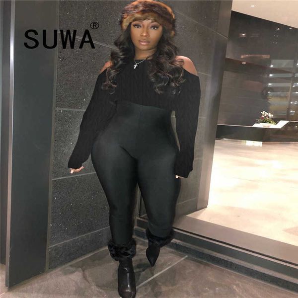 

fashion classic black womens tracksuit set off shoulder chic pullover retro skinny pencil pants 2 pieces 210525, White