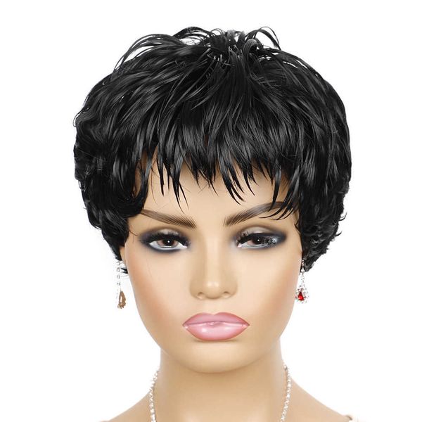 

short wig with oblique bangs short hair women's wig headgear light brown, Black