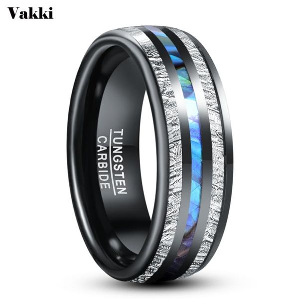 

wedding rings vakki 8mm electric black inlaid meteorite anel masculino abalone shell dome tungsten carbide ring for men, Slivery;golden