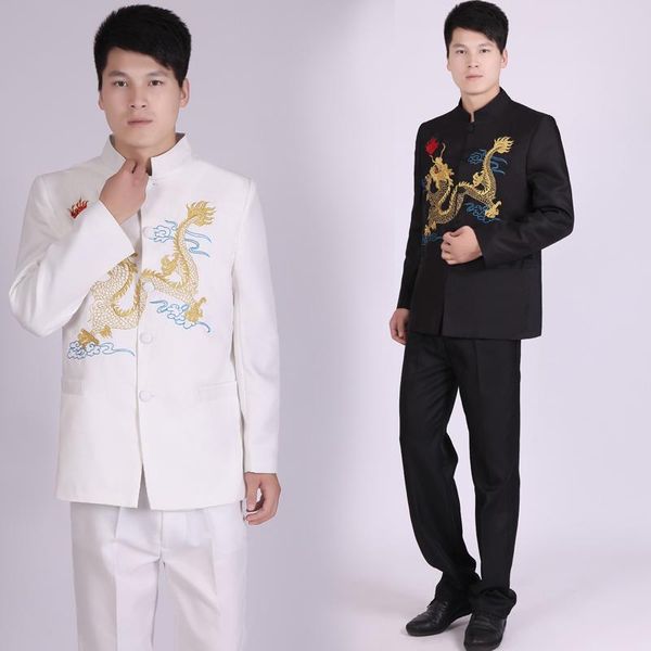 

men's suits & blazers men 2021 embroidered dragon stand collar chinese style male stage singer costume homme mens with pants sl1600, White;black