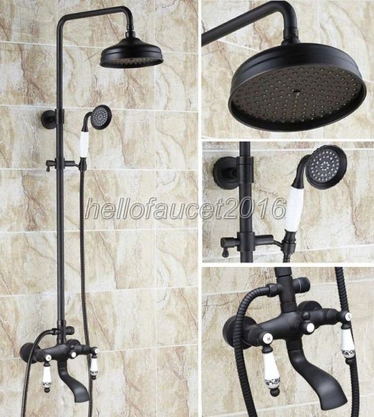 

wall mounted rain shower bathroom mixer faucet set dual handle bathtub taps black oil rubbed bronze 8 inch heads lhg122 sets