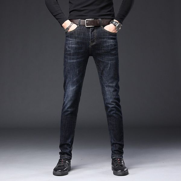 

fashion jeans autumn and winter men's brand embroidery stretch straight slim legged casual pants, Blue