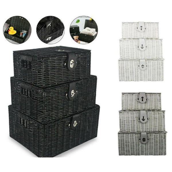 

3/set resin woven storage basket bin container tote cube organizer with insert handles stackable box lid & lock baskets