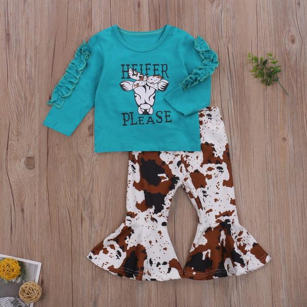 

kids baby girl clothing ruffle long sleeve animal letter print blue blouse+milk flare pants autumn 2pcs set 0-5y sets, White