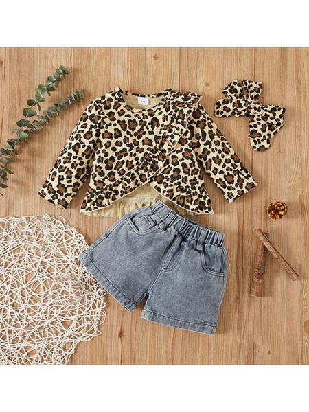 

clothing sets toddler baby girls 3 pcs clothes leopard print ruffle trim split shirt denim shorts headband, White