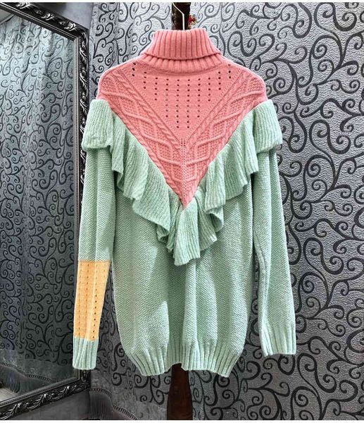 

knits turtleneck sweaters 2021 autumn winter women color block knitting ruffle flowers deco long sleeve casual pullovers ladies, White