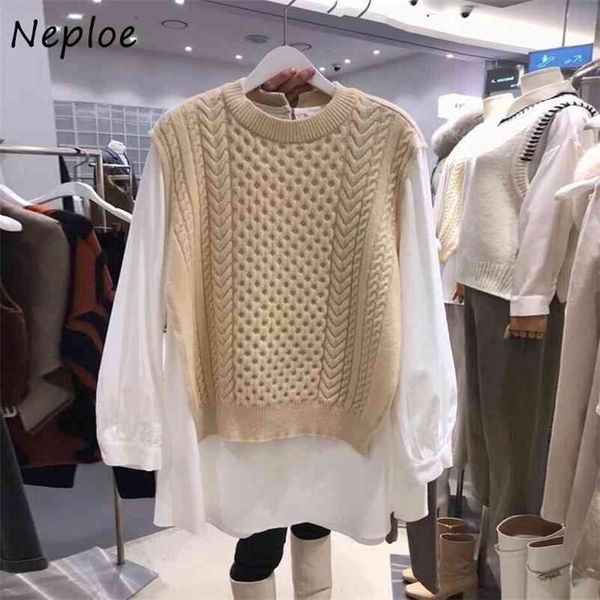 

fashion fake two piece twist knit waistcoat blouse women o neck long sleeve loose blusas casual soft winter ladies 210422, White