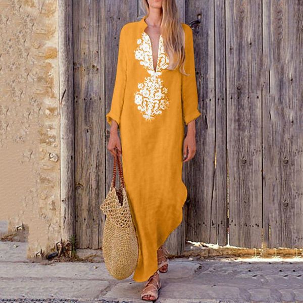 

casual dresses summer dress 2021 cotton and linen plus size women v-neck printed long sleeve boho maxi robe femme, Black;gray