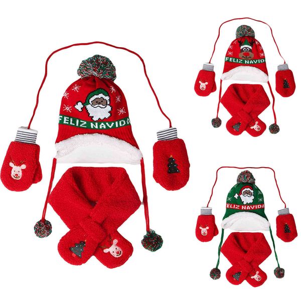 

3pcs christmas set baby hat scarf gloves kids beanie for girls cute cartoon knit boy cap warm snow children hats gift, Blue;gray