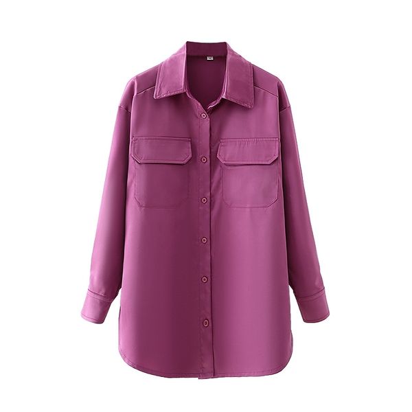 

elegant women purplish red shirts fashion ladies turn down collar pocket causal female chic satin soft blouse 210430, White