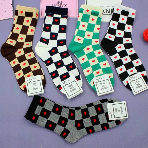 

socks & hosiery cartoon women heart cotton sock lovely ladies colorful high casual plaid sox girls spring autumn trendy skarpetki, Black;white